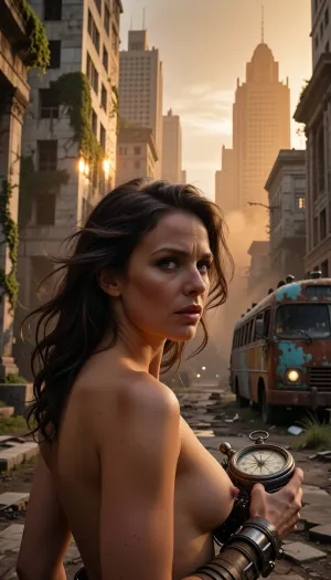 A medium shot of a vibrant, strong woman in her thirties with exceptionally detailed facial features, expressive skin dusted with a layer of dust, and hair blowing in the wind, she stares intently off-camera. She stands in the middle of a majestic, abandoned avenue in a post-apocalyptic metropolis, where imposing Brutalist skyscrapers are dramatically reclaimed by glowing bioluminescent moss and wild ivy. In the background, the soft light of the ‘golden hour’ filters through thick orange smog and a derelict, rust-covered bus, half-buried in the ground. She slowly turns her head towards the camera, a barely perceptible spark of hope in her eyes, and raises an old mechanical pocket compass, faintly glowing, with a shallow depth of field and anamorphic glare.