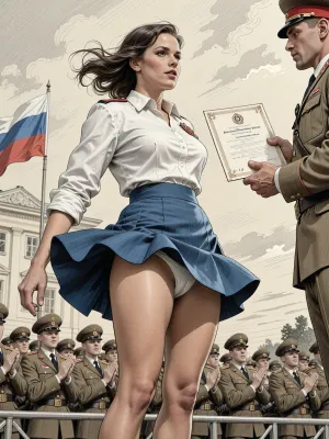 This is is a detailed monochromatic pencil drawing in a classical illustrative style depicts a scene set in USSR, in 1950s, front view, windy upskirt, viewing angle from deep down, best quality, details, high quality, beautiful 19 years old tanned woman in military school uniform standing in attention on a stage in outdoor award ceremony, windy day, blowing hair, blowing skirts, ((man in uniform hands over a certificate to woman)), (tight unbuttoned white shirt:1.3), (((white panties are visible))), ((lifted hem of extremely short wide cut blue miniskirt shows woman´s panties to some extent)), ((intensive suntan:1.5)), upskirt, (people in military school uniform applauding in background), medium brunette, deeply tanned, beautiful, attractive girl, slim body, medium sized breasts, thigh gap, ((narrow waist)), slender body, shy smile, tight pony tail, The overall mood is intense, rendered in fine, expressive line work and subtle shading, evoking the style of 1950s satirical or moralistic illustrations.