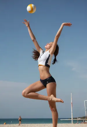 jumping in attack volleyball girl, minimalistic lewd skinny uniform, nipples pokies, one hand up high for hit the ball, very athletic slim figure, tall, strong, six cubes of abs, sexy, beautiful, seductive, low angle view, (side view:1.5), the ball is in air right in front of her and slightly higher