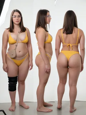 RAW photo, studio setup of three full-body shots of the same woman placed side by side against a plain solid white wall. Front view, side view, and back view of the same girl, displaying full body proportions. Fair-skinned heavily built plus-size woman with a thick round belly, wide hips, and thick thighs. She has shoulder-length brown hair, wears glasses, and is wearing a yellow bikini set with a beige mesh waistband and a small beige crossbody purse strap across her chest. Black knee brace on her left knee. Her arms are hanging down relaxed at her sides, hands empty, no phone. Neutral standing pose. Realistic raw unretouched skin texture, visible abdominal folds, soft belly pouch, natural flesh tones. Amateur indoor flash photography, stark lighting, white background, photorealistic.