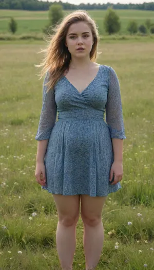 Young fat girl with a small round butt in a short blue floral summer dress stands in a meadow, the breeze lifts her skirt and reveals her naked hairy pussy, front view, full body view