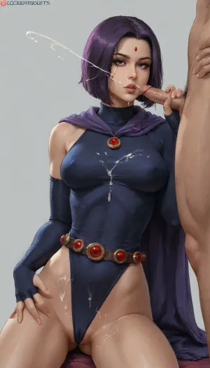 (Cutesexyrobutts art style), reiq art style, (1woman, 1man, hetro couple), Dc comics Raven, ((pale grey skin)), sleeveless navy blue high waisted leotard, purple woolen cloak, fingerless gloves with ruby inlays, forehead ruby, ruby enlay brooch, bronze belt ruby inlays, loose belt, purple bobcut hair, hand on hip, detailed shadows, toned, simple background, (erect cameltoe), raven, (1man, out of frame, white man, masturbating his, (small cock:1.6), (handjob)), (cum on body:1.6), (ejaculation:1.7), NEGATIVE_HANDS, [sleeves], <lora:ratatatat74-000050:1.1>, <lora:Raven_XL:.8>