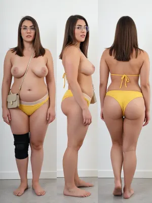 RAW photo, studio setup of three full-body shots of the same woman placed side by side against a plain solid white wall. Front view, side view, and back view of the same girl, displaying full body proportions. Fair-skinned heavily built plus-size woman with a thick round belly, wide hips, and thick thighs. She has shoulder-length brown hair, wears glasses, and is wearing a yellow bikini set with a beige mesh waistband and a small beige crossbody purse strap across her chest. Black knee brace on her left knee. Her arms are hanging down relaxed at her sides, hands empty, no phone. Neutral standing pose. Realistic raw unretouched skin texture, visible abdominal folds, soft belly pouch, natural flesh tones. Amateur indoor flash photography, stark lighting, white background, photorealistic.