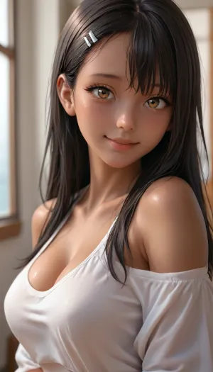 Hayase Nagatoro, (((dark skin:1.6))), long straight hair, black hair, bangs, hair clip, brown eyes, (shy smile), cute, small nose, athletic body, ((large round breasts:1.3)), looking at viewer, (((half body view))), view from side, (((focus on face))), <lora:Midjourney Image Enhancer XL v1:.6>, <lora:SDXLHighDetail_v6-000005:.4>, <lora:detailed_notrigger:.6>, <lora:attractive_notrigger:.6>