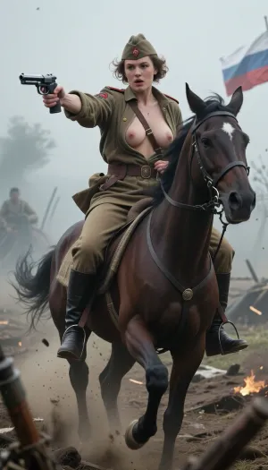Uber realistic, action shot, 8k, ultra detailed, masterpiece, Beautiful 1920s soviet female cavalry soldier, mounted charging in across a battlefield, pistol drawn, (heavy fog:1.5), open shirt, cleavage, detailed face, detailed hair, detailed body, detailed breasts, detailed skin, High, Resolution, More, Details, 8K