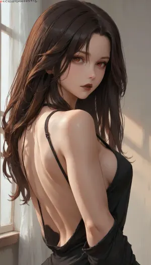 cutesexyrobutts style, 1 girl 28 years old, solo, black medium long hair, Cascade hairstyle, bright red eyes, black lipstick, big perfect ass, big elastic boobs, Detailed eyes, Detailed face, sexy small black dress, stand sexy pose, all body in frame