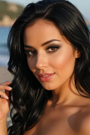 (sensual woman, Italian woman, elegant beauty, rich warm deep olive skin tone:8), , (enticing sultry smile, sensual pose, suggestive expression:2), , (glossy black hair, thick luxurious hair, long hair with soft curls), , (angular and regal chiseled facial structure), , (alluring eyes, dark sultry eyeshadow, long eyelashes, fucking you with her eyes:4), , (flattering golden-hour closeup portrait on a stunning Mediterranean beach:8), , (sharp focus on eyes, vintage analog lens)
