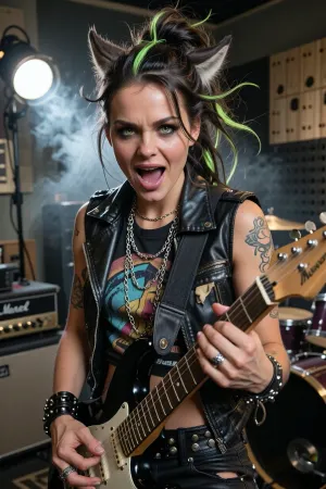 A cinematic and dynamic shot capturing the rock singer and guitarist during an intense rehearsal in a rehearsal room as part of her preparations for a rock concert. She is captured in the thick of the rehearsal, brimming with unbridled rock energy, her facial expression radiates passionate emotion, her eyes are wide open and incredibly expressive, her eyebrows are furrowed, and her mouth is wide open as she plays the electric guitar. She has short, tousled blonde hair with a single green strand and realistic, fluffy cat ears on her head. Her edgy rock outfit consists of a leather waistcoat worn over a black T-shirt with the band’s logo and torn-off sleeves, a black leather choker with a metal ring and studs, several long silver chains, spiked bracelets on both wrists, rings on her fingers, tattoos on her arms, black leather trousers and a belt with rows of metal rivets.
In the background is a rehearsal studio with black acoustic panels on the walls, a bright spotlight, a guitar amplifier and a drum kit, another member of this all-female rock band, (the drummer), is partially visible, striking a dynamic pose, the atmosphere of preparation for a rock concert, photorealism, high level of detail, cinematic lighting and sharp focus — a true masterpiece.