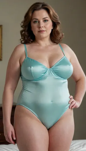 Full-body photorealistic portrait of a mature obese voluptuous woman in her mid-50s, soft chestnut light-brown hair in the same wavy style as the reference photo, striking blue-green eyes, realistic skin with visible pores and accurate subsurface scattering. Compact short frame with a pronounced pear-shaped, bottom-heavy silhouette, full naturally weighted massive bust with soft heavy drape, plump soft contours, chubby soft belly and plush midsection, very full rounded hips and thick plush thighs.

She wears a fitted minimalist white cotton camisole with thin spaghetti straps and deep scoop neckline, paired with matching high-waist satin briefs featuring elegant cinched hemlines. The camisole is ultra-lightweight low-GSM opaque soft cotton jersey with realistic cloth physics, (low stiffness, light stretch, high drape, soft compression folds, natural gravity folds), . The high-waist satin briefs have a smooth soft sheen, gentle compression, and neatly cinched leg openings that sit elegantly on the upper thighs.

Soft natural side lighting revealing subsurface scattering on skin and realistic fabric depth on both cotton and satin. Standing pose that clearly shows the full pear-shaped silhouette, modern bedroom setting, shallow depth of field, photorealistic, ultra-detailed, masterpiece.