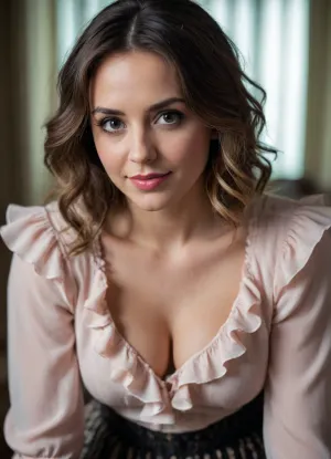 close-up, cute woman, 30-years-old, ruffle blouse, cleavage, leaning forward, bending down, flirting, dynamic angle, soft and tender, friendly expression