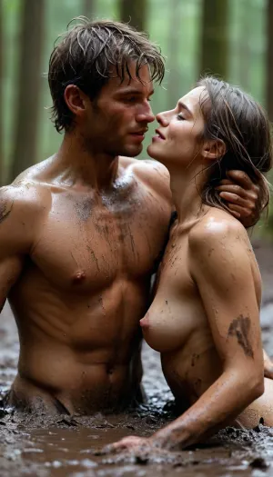 Naked dirty mud wrestling. A guy and a girl. On the ground, entangled, mud all over them. It’s in a beautiful forest. Happy. Trying to push eachother down in the mud. Slick with mud. Streaked with mud. Dirty. The girl is gorgeous, playful and cute. The guy has sex on his mind and is getting an erection, <lora:MJ52:.8>