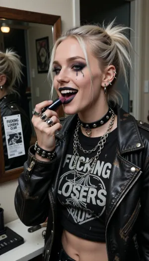 She is A punk-grunge woman getting ready to attend a rock concert in her small urban apartment. She has a face and body to kill for. She stands alone next a mirror, finishing to apply her dark lip makeup with a dark lipstick. Her outfit features a faded vintage band called FUCKING LOSERS CLUB&nbsp;T-shirt, a worn leather jacket, layered silver chains, chunky rings, and multiple ear piercings. Her messy platinum-blonde hair and smudged black eyeliner gives her a rebellious look.

A FUCKING LOSERS CLUB concert ticket is pinned next to the mirror. She looks excited and determined, smiling, ready for an unforgettable night. photography, authentic 90s grunge aesthetic, documentary style, realistic textures, moody lighting, 50mm lens, shallow depth of field, photorealistic, masterpiece, 8K, HDR.