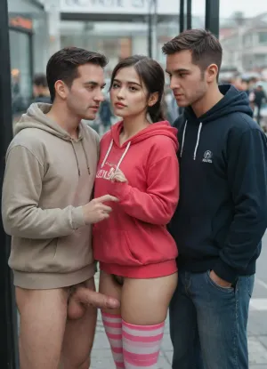 Portrait, brunette pixie haircut, 1woman, young Asian face, (blushed face:1.7), 2men, dressed, 1men standing before her, erected giant cock out, young woman and 2man standing inside glass showcase, 1men their faces are touching and huge her waist, (hairy crotch:1.3), her legs apart, striped thighhighs, thighhighs reach high up, crotch totally exposed, braided hair, broad hips, hips widest over trochanters, hoodie, public humiliation BDSM scene, many crowd, bus stop, side view