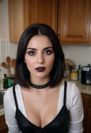 (masterpiece, best quality:1.2), photorealism, studio photo, UHD, 8k, in kitchen, beautiful serbian woman, 20 years old, black hair, french bob, (dark glamour makeup:1.3), dressed in an excessively provocative manner, getting surprised by intruder