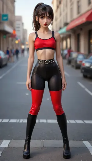 (view:1.5), (full body view:1.7), girl, european girl, flat, chested, black ponytail with straight bangs, (looks young:1.8), skinny, (glossy red lipstick:1.3), (thigh high boots:1.5), bimbo makeup, studded belt, boots, on a street, close up, breasts, hips, narrow, waist, (thick thighs:1.5), (round bubble butt:1.5), lips, 4ng3l, face, (on all four:1.4), (arlequin leggings:1.6), (slim waist), beautiful face, tan skin, (arlequin sports bras:1.6), (narrow waist:1.6), <lora:Ass_Pants_XL:2>, <lora:flat_chested_v3.5:1.8>, <lora:Beautify-Supermodel-SDXL:2>, <lora:BodyLicious:2>, <lora:RMSDXL_Photo:1.8>