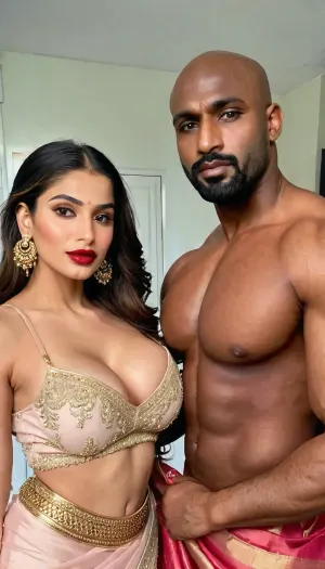 Looking at the viewer, Gorgeous 22 years old Pakistani woman, (feminine:1.4), hairstyle is long hair, brunette, busty 36F breasts. Prominent Pakistani facial features, She is wearing gold hoop earrings. Perfectly manicured nails. Seductive red lipstick. make up, .wearing a gorgeous Saree, Standing with a black man, tall, bald, muscular black man. Man wearing a suit. Black muscle daddy., romantic_couple_poses, <lora:SDXL_BetterFaces-LoRA_v1:.5>, <lora:_Romantic_Couple_Poses:.5>
