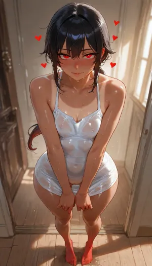 Petite college girl, (wearing an very wet transparent coloured summer dress:1.4), no pants, college dorm room, (flirtatious loving flirty smile, intense stare), ((European British Scandinavian:1.4), (Hypnotized sex slave), (under mind control), (very hypnotized loving hearts eyes), (empty glowing red eyes:1.6), small lips, very much blush on the checks and nose, (raised nasal tip, upturned button nose, upturned nose, delicate nose, nose), (dirty wild black hair), (dirty wild black low ponytail hair with many sideloks), (short low ponytail with many sideloks), (hair with many sideloks), (teardrop perky tits:1.3), (barefoot:1.6), very slim model, Best quality, slim waist, horny look, long slender toned legs, very petite girl, very detailed, head-to-toe view, body sheen, bare feet, glistening skin, perfect sexy body, perfect face, blue and grey colored mesmerizing eyes, ((tanlines)), perfect tight smooth young pussy), perfect eyes, athletic figure, bubble perky butt, muscular ass, toned legs, petite, short, shot from above, arched back, good posture, ((Ultimate realistic photo details)), (((dynamic sexy pose))), (((bright sunlight))), detailxl, big ass, wide hips, <lora:MJ52:.8>