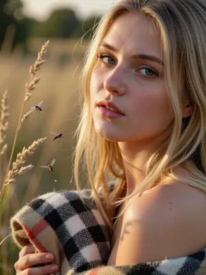 long dry wild summer grass, heat haze, still and breathless, late afternoon golden light, a few insects suspended in the air, Kodak Gold 200, soft grain, warm and bleached, close-up image with focus on her face, young adult woman, holding a burberry blanket, sandy blond hair