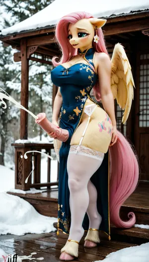 (Fluttershy, my-little-pony, yiff, excessive fur skin, futanari:1.4), (orgasmic expressions:1.2), (horsedick masturbation, excessive ejaculation:1.2), (thighs bigger than waist:1.2), (big thighs:1.2), (extremely Digitigrade hooves Legs:1.4), (Qipao dress, garter stockings, garter belt, choker, golden necklace, golden big earrings:1.2), winter stone beach, <lora:Venus_Body_Alpha:2>, <lora:boringRealism_primaryV4:2>, <lora:early621-000002:1.2>