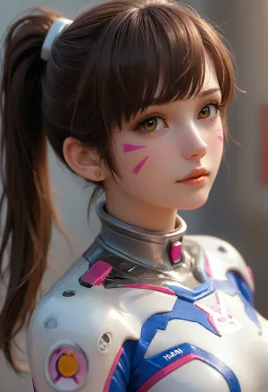 portrait of D.Va from overwatch, wearing a white plug suit with blue trim, long straight hair, high ponytail, brown hair, side locks framing her face, brown eyes, cute, small nose, athletic body, half body view, view from side, (((focus on face))), <lora:Midjourney Image Enhancer XL v1:.6>, <lora:SDXLHighDetail_v6-000005:.4>, <lora:detailed_notrigger:.6>, <lora:attractive_notrigger:.6>