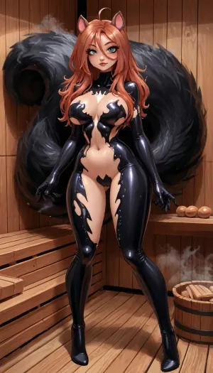 (innv meets jack cayless style), (reiq style, masterpiece, cel-shaded, limited color palette), ((Beautiful Sexy Squirrel Girl from marvel rivals game body)), (1girl, solo, alone), (organ & short, layered & spiky & hair), (gorgeous, seductive face, mature, bbw, perfect breast, perfect hands, thick body, wide stomach. thick legs, thick thighs, thick hips, thick ass, sweaty body), (Squirrel Girl ears Venom-symbiote with pink inner-ear), (Squirrel tail Venom-symbiote), (Squirrel Girl marvel rivals Symbiote full face), (wearing She Venom Symbiote Suit outfit with gray armor lining), (full body in view pose), (sauna, steam, sauna background), project, <lora:mk_Bp Anime_xl:2>, <lora:LCMTurboMix_Euler_A_fix:2>, <lora:Ppolar-P3v1-NbVp10:2>, <lora:She-Venom-FFusion.LORA:2>, <lora:projectxl-000003:.8>