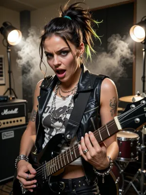 A A cinematic and dynamic shot capturing the rock singer and guitarist during an intense rehearsal in a rehearsal room as part of her preparations for a rock concert. She is captured in the thick of the rehearsal, brimming with unbridled rock energy, her facial expression radiates passionate emotion, her eyes are wide open and incredibly expressive, her eyebrows are furrowed, and her mouth is wide open as she plays the electric guitar. She has short, tousled blonde hair with a single green strand and realistic, fluffy cat ears on her head. Her edgy rock outfit consists of a leather waistcoat worn over a black T-shirt with the band’s logo and torn-off sleeves, a black leather choker with a metal ring and studs, several long silver chains, spiked bracelets on both wrists, rings on her fingers, tattoos on her arms, black leather trousers and a belt with rows of metal rivets.
In the background is a rehearsal studio with black acoustic panels on the walls, a bright spotlight, a guitar amplifier and a drum kit, another member of this all-female rock band, (the drummer), is partially visible, striking a dynamic pose, the atmosphere of preparation for a rock concert, photorealism, high level of detail, cinematic lighting and sharp focus — a true masterpiece.