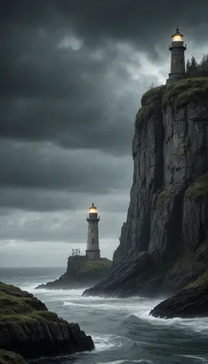 Ancient, weather-beaten lighthouse standing on desolate cliffs in a fantasy post-apocalyptic world. The structure is half-ruined, with vines and moss clinging to its cracked stone surface. Jagged rocky outcrops surround the base, partially submerged in dark, storm-tossed waters.

A mysterious cloaked figure of a witch stands atop a distant cliff, her silhouette outlined against the ominous sky. Heavy rain falls across the landscape, merging with thick mist that clings to the rocks. The atmosphere is one of eerie solitude and ancient magic, with faint lightning illuminating the horizon.

The scene combines elements of dark fantasy and post-apocalyptic desolation, creating a mood of mystery and foreboding. Every surface shows signs of decay and age, with realistic textures of wet stone and decaying masonry. The lighting emphasizes the dramatic tension between darkness and the faint glow of the lighthouse remains.
