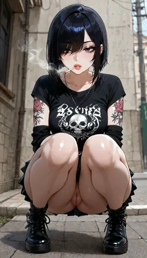 sexy emo woman, lots of tattoos, lots of piercings, dark hair, asymmetric bob cut, pale skin, scene outfit, short skirt, bare pussy, emo hair, large lips, full body view, squatting, smoking a cigarette, puffing smoke, <lora:add-detail-xl:1.2>, <lora:attractive_notrigger:1.2>, <lora:detailed_notrigger:1.2>, <lora:LCMTurboMix_Euler_A_fix:1.2>