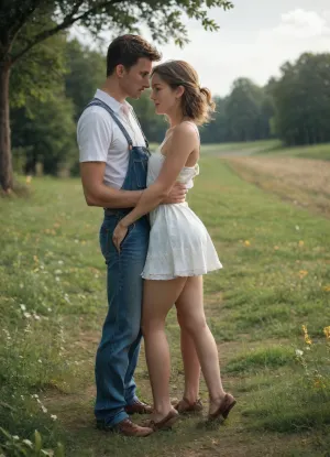 A young slim girl with a small round butt in a short red flowered summer dress is standing in a meadow, by a haystack, her skirt is showing off and she is being fucked from behind by a man in overalls with a huge dick, side view, full body view