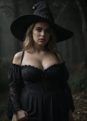 (Portrait:1), extremely detailed, candid Halloween picture, realistic photograph of a cute, 30-year old witch, aroused, Caucasian American, ugly pale skin, big witch hat, big chubby face, Flushed Cheeks, black eye shadow, eye liner, dark lips, (glossy lips, wet), (massive bulging bust), fat round face, greasy blonde hair, (detailed chubby face), (purple black lacy witch dress), sexy teasing, holding broomstick, standing on lawn of hounded mansion, autumn, dark night, at night, black background, foggy, mystic, (fully clothed), shoulders, <lora:SDXLHighDetail_v6-000005:1>, <lora:runga_8.1-000002:.5>, <lora:dark:.8>, Dark, Fantasy, page, <lora:Dark Fantasy:.8>, green, eyes, blue, brown, perfecteyes, <lora:PerfectEyesXL:.8>