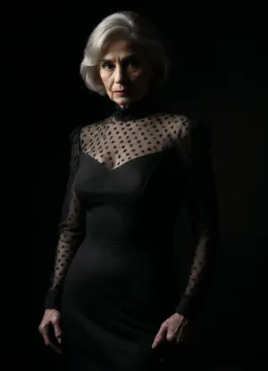 Night, dark background, bedroom, insanely detailed, (((extremely elder extremely aged 80 year old ultra-grandma:1.4))), Precisely detailed realistic wrinkled skin, (chubby:1.6), (curvy:1.1), glossy cherry lipstick, fancy black makeup, standing, (((ultra-simple ultra-minimalist hyper-modern ultra-trendy pale matte high-neck black gown with matching tight long sleeves))), (((very whole dress is perfectly detailed fully sheer polka-dotted))), (((rimlight shines all-through the dress:1.9))), (chiaroscuro:1.9), eye-contact, 8K, greatly improved quality, insane resolution, ultra-sharp, antialiasing, image sharpening, (((portrait:1.9))), brown ponytail hair, (((extremely bending close))), skirtlifting, <lora:dark:.3>
