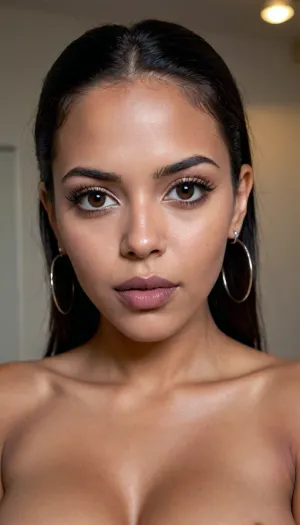 Insanely detailed photo of an latin 28-year-old girl, curvy body, latina, black straight hairs, full lips, black lipstick, big eyes, make up, dark skin, (dark skin cinnamon), (nude:1.2), (naked:1.3), (((no clothes))), (((with elastic big breasts))), (((earrings))), (different poses), (pussy visible:1.3), sexy, beautiful, tanned, with a perfect face, detailed face, (detailed hair, light hairstyle:1.1), (shiny dark skin body, realistic sweat:1.1), straight hairs, black hairs, earrings, nose earrings, Looking at the camera, in a dark room, lots of details, three-dimensional, epic, clear focus, depth of field, professional lighting, full view, 8k photography, HDR, the picture was taken on Canon EOS R5, 75 mm lens