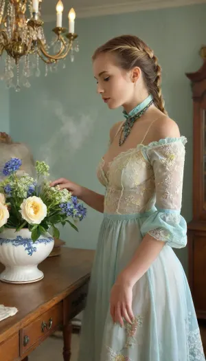 Couture, Colourful steam, beautiful lady arranging flowers in a antique vase, long gown, emerald collar, delphiniums, peony, peppermint, embroidered lace, chandelier, glittery smoke, beautiful model braided hairstyle, light rose, light green, light yellow, babyblue, and peach, <lora:MJ52:.7>