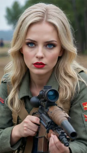 Russian sniper woman od II World.Wr, Full Body, Full view, blonde hair, Blue eyes, red lip stock, Glamour make-up, on battlefield, fucked by german soldier, lyingfloor, <lora:xl_more_art-full_v1:.8>