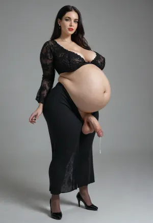tall curvy pear shaped gothic type woman, large massive extremely saggy breasts, breasts heavy with milk, huge long puffy erect nipples, thick thighs, big hips, tiny waist, massive pregnant belly, 9 months pregnant, full body image, erect-futa, erect-penis, woman, testicles, erection, <lora:SDXLlora13ErFut:1.7>