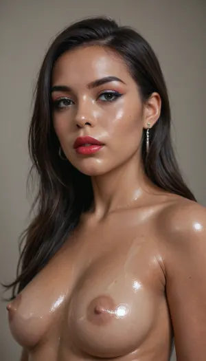 (1woman), (Close-up girl), (long hair), (((little curvy))), (((latin woman))), (((brown skin))), (((nose earrings))), (((lipstick))), standing, face, chest, flat stomach, hips, (((medium round breasts))), (hourglass figure), straight long black hair, (((oiled skin))), (detailed black eyes), (((makeup))), long big thick eyelashes, ((1man, standing beside woman, masturbating))