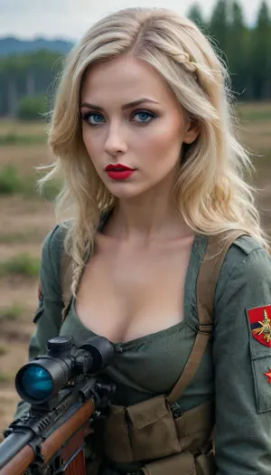 Russian sniper woman od II World.Wr, Full Body, Full view, blonde hair, Blue eyes, red lip stock, Glamour make-up, on battlefield, fucked by german soldier, lyingfloor, <lora:xl_more_art-full_v1:.8>