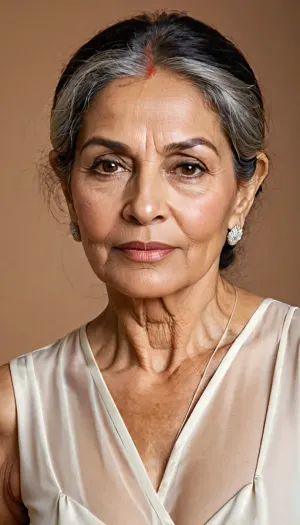 South Asian mature woman, 70 year old, facial features, (Circular round face:1.2), . The forehead shows fine to moderate horizontal wrinkles along with faint vertical lines between the eyebrows. Naturally full, gently arched eyebrows remain well defined but sit slightly lower due to mild age-related brow descent. The almond-shaped brown eyes remain expressive, though mild upper eyelid hooding, under-eye hollows, slight puffiness, and fine crow’s feet contribute to a mature appearance. The straight, proportionate nose exhibits minimal age-related change. The cheeks show moderate volume loss, creating a leaner mid-face with more noticeable nasolabial folds and subtle hollowing beneath the cheekbones. The lips are slightly thinner than in youth but remain well defined, accompanied by fine vertical lip lines and shallow marionette lines extending from the corners of the mouth. The jawline appears softer with mild skin laxity along the lower face, while the neck displays visible platysmal bands, horizontal neck lines, and slight looseness beneath the chin. The skin retains a healthy, even complexion despite fine and moderate wrinkles around the forehead, eyes, and mouth. Dark hair with natural gray at the temples and center part completes the appearance of graceful aging. legs slightly open, black nylon panties, and a lose white night dress, full body view.