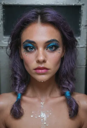 (Am I a very bad girl?), (milk on body:1.2), ((makeup:1.5), long fake eyelashes, blue eyeshadow with glitter), detailxl, res, raw, photo, epiCNegative, m3tall1c, makeup, portrait, metallic, (she's watching a porn movie on the monitor), I'm sitting with my legs apart. on a high stool, legs apart, (Indian face:1.9), (((nude))), Very Beautiful, From another world, ((slim figure)), ((whole body visible)), stockings with a butterfly pattern, best quality, photorealism, masterpiece, Perfect Lighting, Cinematic Lighting, Highly Detailed, Ultra-Realistic, Photorealistic, (girl ponytails, purple hair:1.3), There's an inscription in purple lipstick on her tummy. I want to get in the ass., (she's watching the movie "magic Girl":1.7), (latex big lips pussy:1.3), (ejaculation milk on:1.1), My labia look like the lips of a mouth in lipstick
I'm a girl, and my pussy looks exactly like the lips of an open mouth, painted with pink lipstick., from, You're stupid, you don't know where the vagina is.the vagina is located between the legs, A bimbo doll magic wand is inserted into my plump blue anus hole view from bottom to top my pussy is like lips in sticky lipstick, The overall lighting is soft and even, creating a warm and inviting atmosphere., ((topless, bottomless)), ankle bracelets, Highly Detailed Skin, Toned Body, ((blush on face)), ((Big Eyes)), (Perfect Eyes), (perfectly detailed sparkling blue eyes:1.1), eye contact, ((detailed face)), ((short black hair in braided pigtails)), (((detailed innocent face))), I show you my beautiful legs in stockings, A bimbo doll magic wand is inserted into my plump blue anus hole, small, breasts, medium, large, spreading, legs, creampie, pussy, nude, body, closeup, artoflips, uoclips, lips, lipstick, art, of, <lora:Art_Of_Lips_PONY_XL_By_UOC:.8>