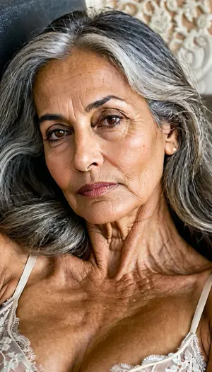South Asian mature woman, 70 year old, full body view, (extreme oval shaped elongated face:1.2), waist long straight gray hair, extremely messy hair, as woken up after a sleep, facial features The forehead shows fine to moderate horizontal wrinkles along with faint vertical lines between the eyebrows. Naturally full, gently arched eyebrows remain well defined but sit slightly lower due to mild age-related brow descent. The almond-shaped brown eyes remain expressive, though mild upper eyelid hooding, under-eye hollows, slight puffiness, and fine crow’s feet contribute to a mature appearance. The straight, proportionate nose. The cheeks show moderate volume loss, creating a leaner mid-face with more noticeable nasolabial folds and some hollowing beneath the cheekbones. The lips are slightly thinner than in youth but remain well defined, fine vertical lip lines and shallow marionette lines extending from the corners of the mouth. The jawline appears softer with mild skin laxity along the lower face, neck displays visible platysmal bands, horizontal neck lines, and slight looseness beneath the chin. The skin retains a healthy, despite fine and moderate wrinkles around the forehead, eyes, and mouth. Long gray hair with natural gray at the temples and center part. Lying back in an oversized chair with her, legs slightly open, black nylon panties, and a lose white lace night dress, full body view.