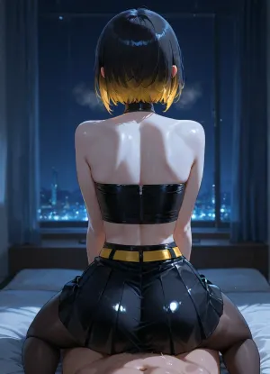 girl alone, skinny, adult, (cold blue color-grading:1.2), indigo blue tone lighting, short hair, (black dark hair:1.2), light-yellow hair-ends, neutral skin tones, black pleated flared mini skirt, skirt above-knee, soft satin-matte fabric skirt, light-yellow belt, black glossy leather halter crop top, high mock neck, sleeveless, bare shoulders, wide band hem, in bed, at apartment, nighttime, pantyhose, (fucked by man), sex, (view from behind), medium perfect ass
