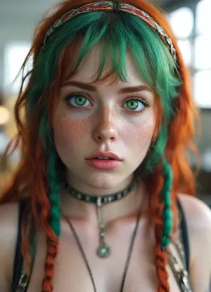 Amazon position, pointed ears, elf ears, elf, 4k calidad, Social media babe in badhroom being and presenting her booty, long ginger hair with long curls, score_9, score_8_up, score_7_up, score_6_up, with, pokies, showing, off, her, s, beautiful face, gigantic sagging natural breasts, natural breasts, blue hair, ginger bangs, split dyed hair, bangs, wide hips, tan skin, expression, full lips, medium length hair, (((Red and green eyes, green eyes, red eyes, Eyes of different colors))), freckles, (wearing an elaborate harness:1.4), choker, low hanging pigtail, buns, braids, in mouth, photorealistic, hdri, portrait, close up, realistic, super real, hyper realistic, ultra realistic, ((perfect eyes)), full view, ((Ultimate realistic photo details)), (((dynamic pose))), (((bright sunlight))), detailxl, raw, lighting, overexposed, harsh, flash, amateur, puffy, dark, ghost, wide, <lora:detailed_notrigger:.8>, <lora:MJ52:.8>, <lora:s XL:.8>