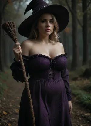 Wizard School, (Portrait:1), extremely detailed, candid Halloween picture, realistic photograph of a cute, 30-year old witch, aroused, Caucasian American, ugly pale skin, big witch hat, big chubby face, Flushed Cheeks, black eye shadow, eye liner, dark lips, (glossy lips, wet), (massive bulging bust), fat round face, greasy blonde hair, (detailed chubby face), (purple black lacy witch dress), sexy teasing, holding broomstick, standing on lawn of hounded mansion, autumn, foggy, mystic, (fully clothed), shoulders, <lora:SDXLHighDetail_v6-000005:1>, <lora:runga_8.1-000002:.5>, <lora:dark:.8>, Dark, Fantasy, page, <lora:Dark Fantasy:.8>, green, eyes, blue, brown, perfecteyes, <lora:PerfectEyesXL:.8>