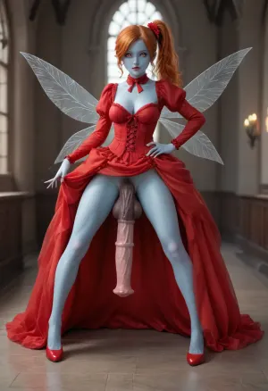 futanari, devil, evil, red skin, ginger, ((youthful small very puffy pointed ski-jump breasts with huge areolas:1.3)), natural breasts, cleavage, ((massive heavy detailed red equine cock and balls:1.3)), excessive pubic hair, (old milf:1.11), tiny odd little pixie, long spindly arms and mantis-like proportions, no pupils, glowing eyes, anime style, blue skin, f/1.4 lens, bokeh, tiny Daisy fairy princess, insect wings, see-through gossamer, in heat, in a video game, bombshell hair, glowing ginger hair, side ponytail, handstand, show full body in view, victorian, red dress, check, the, instruction, prompt, is, rather, too, long, <lora:EnvyPixieXL01:2>, <lora:victorian_dress-XL-2.0:.8>, <lora:stationaryrestraint-anxl31-000076:2>