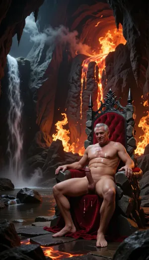 A massive, dark cavern resembling hell — Satan's throne room. The back wall glows with molten lava slowly flowing down its surface. The cave walls are engulfed in roaring flames, casting a fiery glow across the chamber. On the left side, a large waterfall pours into a small, steaming rock basin. In front of the glowing lava wall stands a throne made with stones and iron, upholstered with rich red velvet — Satan's throne. A plump Satan sits on it, occupying only half the width of the seat. He is completely naked. he is 70 years old. His Penis is hard and big and dripping cum. He has a subtle, almost imperceptible smile on his face, and his arms are extended as if inviting the viewer into his embrace. The atmosphere is intense, infernal, and photorealistic, with dramatic lighting, shadows, and smoke."