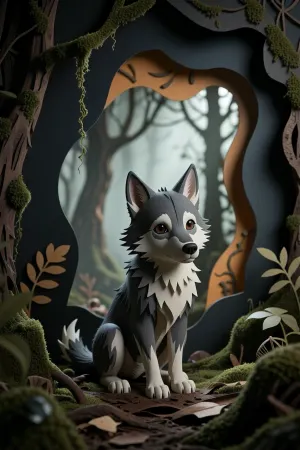 A hauntingly poetic cinematic scene inspired by Yuri Norstein's animated masterpiece "Tale of Tales". Featuring the iconic small, melancholic grey wolf pup sitting quietly in a dark, mysterious, overgrown forest. Textured cut-out paper animation aesthetic, handcrafted multiplane glass technique, subtle depth of field with layered backgrounds. Muted and earthy color palette dominated by deep moss greens, charcoal grey, burnt amber, and soft fog whites. Soft, ethereal diffused lighting creating a bittersweet, nostalgic, and dreamlike atmosphere. Highly detailed paper edges, delicate shadows, fine vintage textures, 1970s Soviet art film style, masterpiece, highly evocative. --no 3d render, photorealistic, glossy, saturated, digital vector