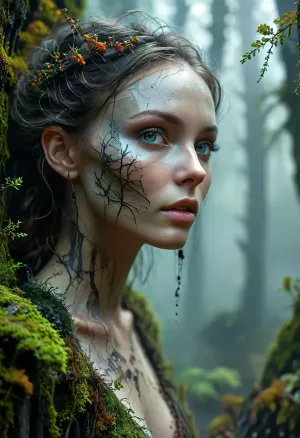 (Dark Cursed Fantasy Artwork), (smooth rendering and vibrant colors), outdoor, artistic, low angle, a cursed forest hag emerges from a curtain of thick hanging moss, her form is a grotesque fusion of anatomy and nature, her skin resembling cracked gray bark from which tiny mushrooms sprout, she wears a garment of living cobwebs and dried peat, her face is a map of ancient malice, eyes like swirling mists, teeth of polished obsidian, slender gray-skinned claws clutch a staff of blackened rowan wood topped by an ancient skull, in the background a mist-shrouded primeval forest stretches out, ghostly dust-filled shafts of light, /KlTTY-ART/, <lora:COMFYUI_mimic_landscape_-_XL_SDXL v2.0:.1>, <lora:attractive_notrigger:.1>, <lora:MJ52:.1>, <lora:flat_chested_v3.5:.1>
