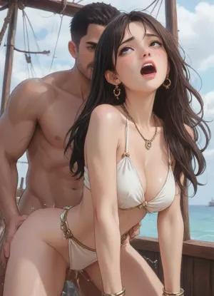 ((anime style)), (Thick outline:1.4), ((Cartoon Style:1)), ((Hentai)), (seen from the side), interracial, on a ship, slim Asian girl in bellydancer clothes, slender, petite, very low large breasts, freckles, asian slut getting fucked by a massive pirate. Vaginal sex, getting fucked from behind, doggystyle fucking, a big muscular pirate, large penis, (body shaking orgasm, screaming orgasm), score_9, score_8_up, score_7_up, score_6_up, style anime, inspired illustration, oda, non, front view, <lora:outline_xl_kohaku_delta_spv5x:1.9>, <lora:cartoon_stickers_xl_v1:.5>, <lora:AshMilkshake_Illustrious_v1:1.1>, <lora:NEOTOKIOXL_0.2_RC:.5>, <lora:Ppolar-P3v1-NbVp10:.8>