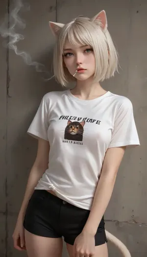 Girl cat in the wall, all white hair, white t-shirt, black shorts, smokes a white cigarette, medium cut, cat ears, brown cat tail, nipples are showing through the T-shirt, unkempt, sexy, solo, <lora:merratatustle_illustrious_v1_vpred:2>