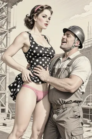 This is is a detailed monochromatic pencil drawing in a classical illustrative style depicts a scene set in USSR in 1950s, bright, colorful colors, summer, bright sunshine, Beautiful sexy brown elegant hairstyle mother stands leaning over at the construction site, wearing in polka dot summer dress, the hem of the dress is pulled up, pink panties are visible, fully clothed very ugly lustful fat construction worker in the coverall and a construction helmet who are hard Grabs her hips with his hand, looking up, seductive face, The man laughs mockingly, The overall mood is intense, rendered in fine, expressive line work and subtle shading, evoking the style of 1950s satirical or moralistic illustrations.